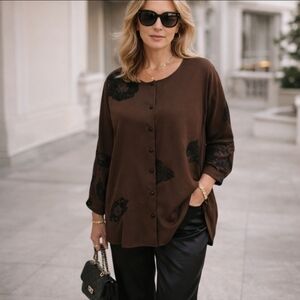 Kenneth Jay Lane Brown/ Black Button Down Flowy Old Money Silk Tunic Top Sz L